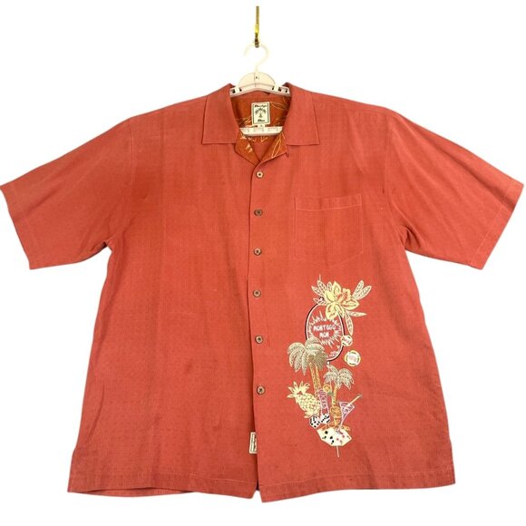 Montego Mon Shirt Mens XL Rust 100% Silk Embroidered Hawaiian Camp Resort Casual - Picture 1 of 9
